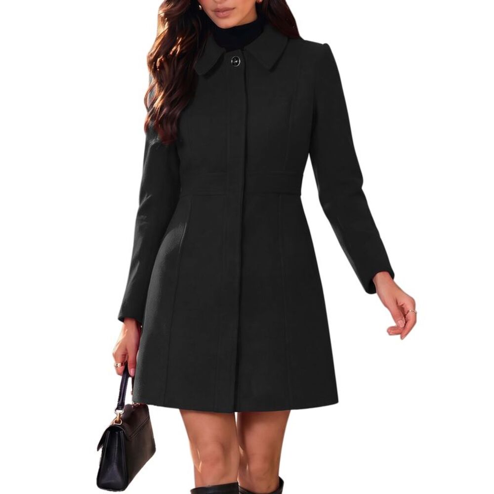 Women's Winter Pea Coat Elegant A Line Fitted Work Midi Overcoat Black